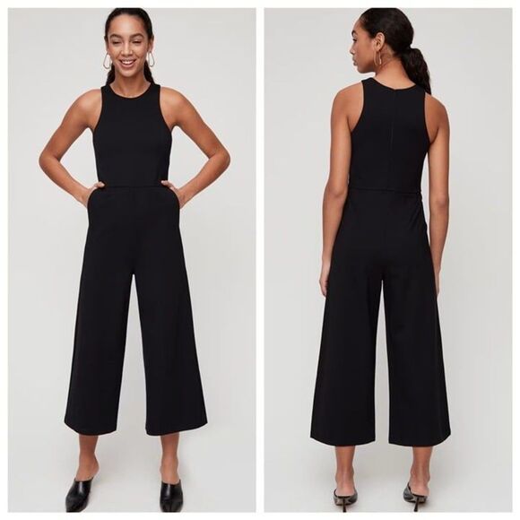 Aritzia Babaton Size 4 Mikey Jumpsuit Wide Leg Crop Sleeveless Stretch Black - Picture 1 of 12